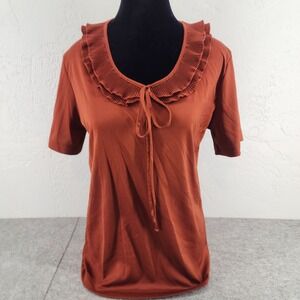 Gimbels Vintage Rust Orange Pleated Ruffle Collar Tie Neck Blouse Womens 38